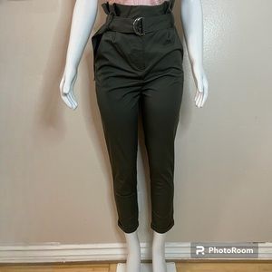 Olive green belted high waisted paper bag pants